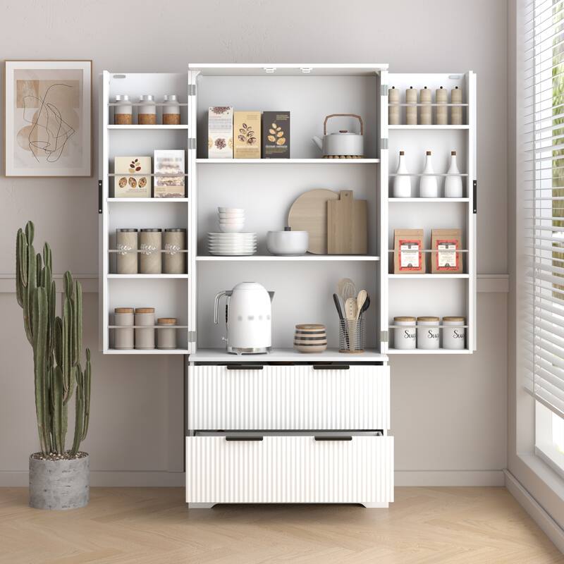 71.65" H Fluted Kitchen Pantry Cabinet, Freestanding Storage Cabinet Buffet Sideboard with 2 Large Drawers & 8-Door Spice Rack - White