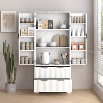 71.65" H Fluted Kitchen Pantry Cabinet, Freestanding Storage Cabinet Buffet Sideboard with 2 Large Drawers & 8-Door Spice Rack