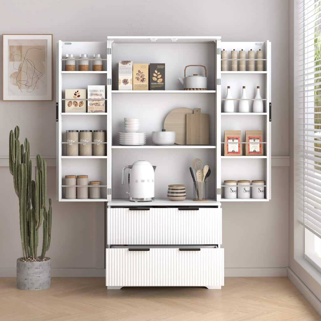 71.65" H Fluted Kitchen Pantry Cabinet, Freestanding Storage Cabinet Buffet Sideboard with 2 Large Drawers & 8-Door Spice Rack
