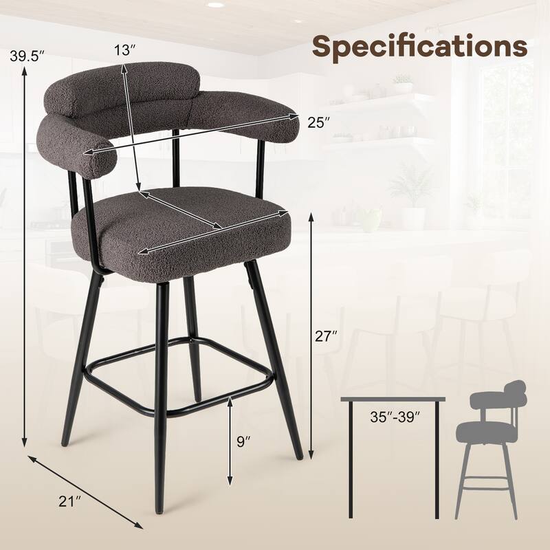 Set of 2 Counter Height Plush Boucle Fabric Bar Stools with Swivel Seat for Kitchen or Cafe - 25" x 21" x 39.5"