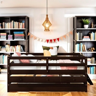 Twin Size Low Loft Bed, Storage Drawers and Trundle White Solid Wood Bed, Maximized Space