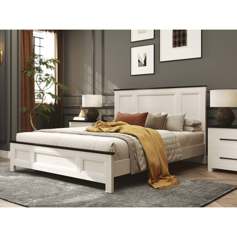 Roundhill Furniture Realynn 5-Piece Wood Bedroom Set, Panel Bed with Dresser, Mirror, and 2 Nightstands, Off-White Finish