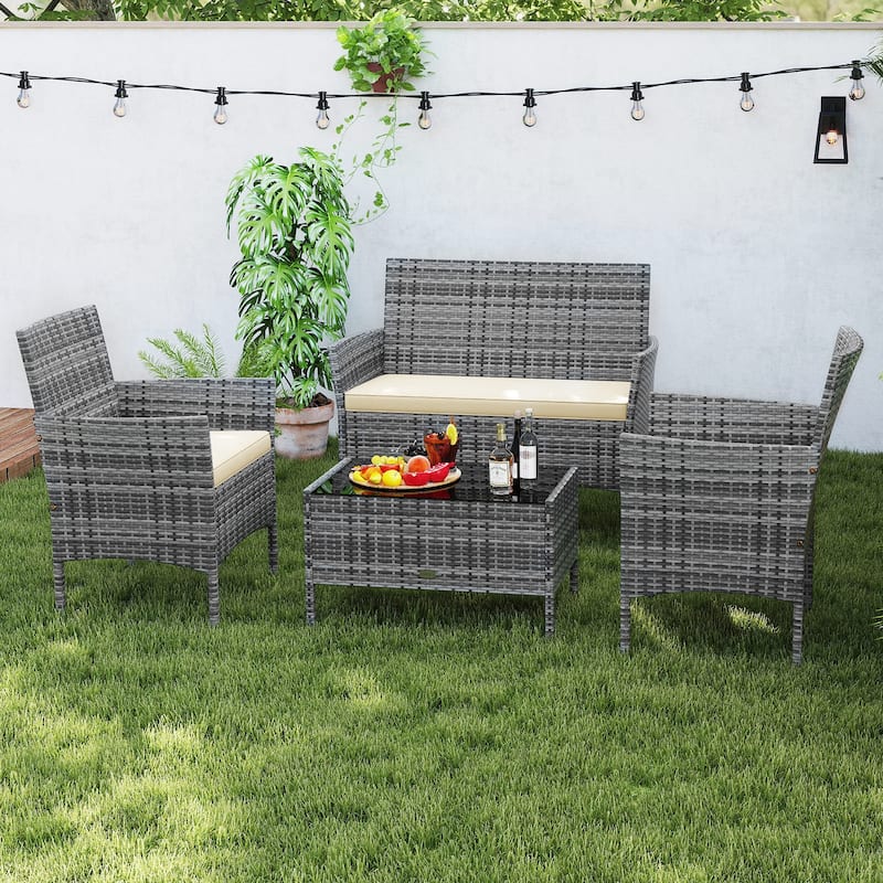 4 Piece Outdoor Rattan Patio Set with Cushions and Glass Table - 39.5" x 22.5" x 32"