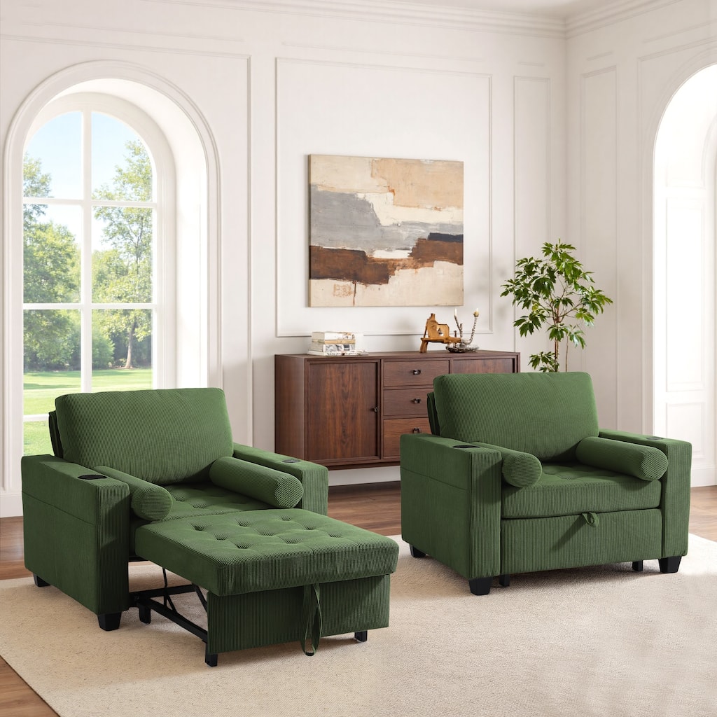 2 Set Convertible Adjustable Lounge 3-in-1 Pull-Out Sleeper Chair Bed