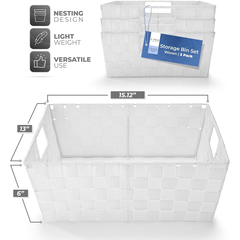 Sorbus Woven Basket Bin Shelf Storage Stackable with Woven Straps & Built-in Carry Handles - Set of 3 - 15.12" L x 13" W x 6" H