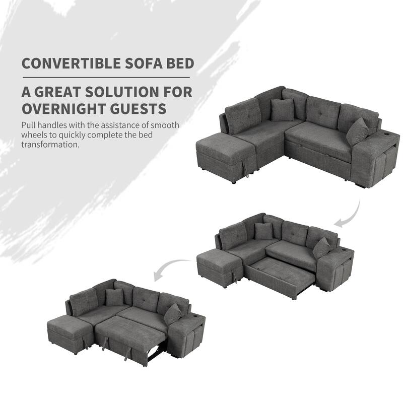 Convertible Sleeper,Sectional Pull Out Sofa Bed with Storage Ottoman,2 Throw Pillows,2 Stools,Dark Gray