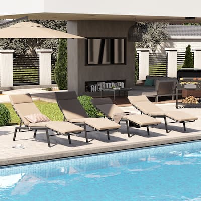 Outdoor Cushioned Chaise Lounge Chairs (Set of 4), Adjustable Reclining Sun Lounger
