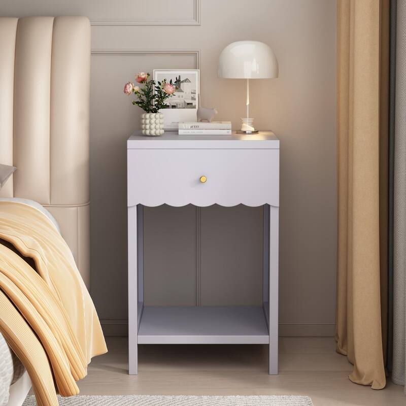 Modern Nightstand with Drawer and Open Shelf, Scalloped Edge Bedside Table for Bedroom, Cute Minimalist Side Table