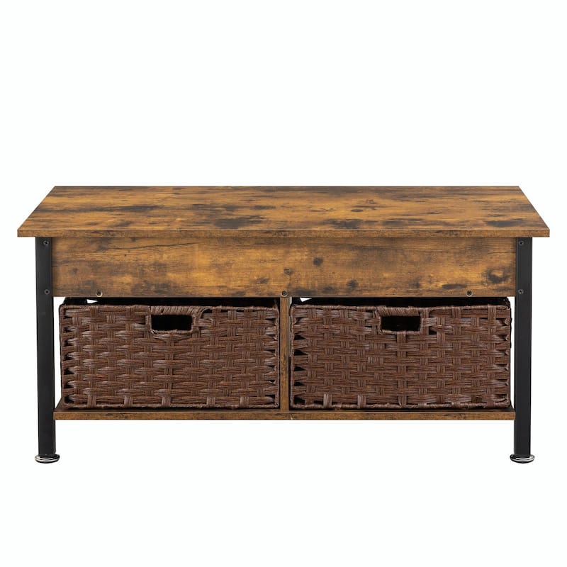 Metal Coffee Table with Lifting Top and Hidden Storage Space, Removable Wicker Baskets