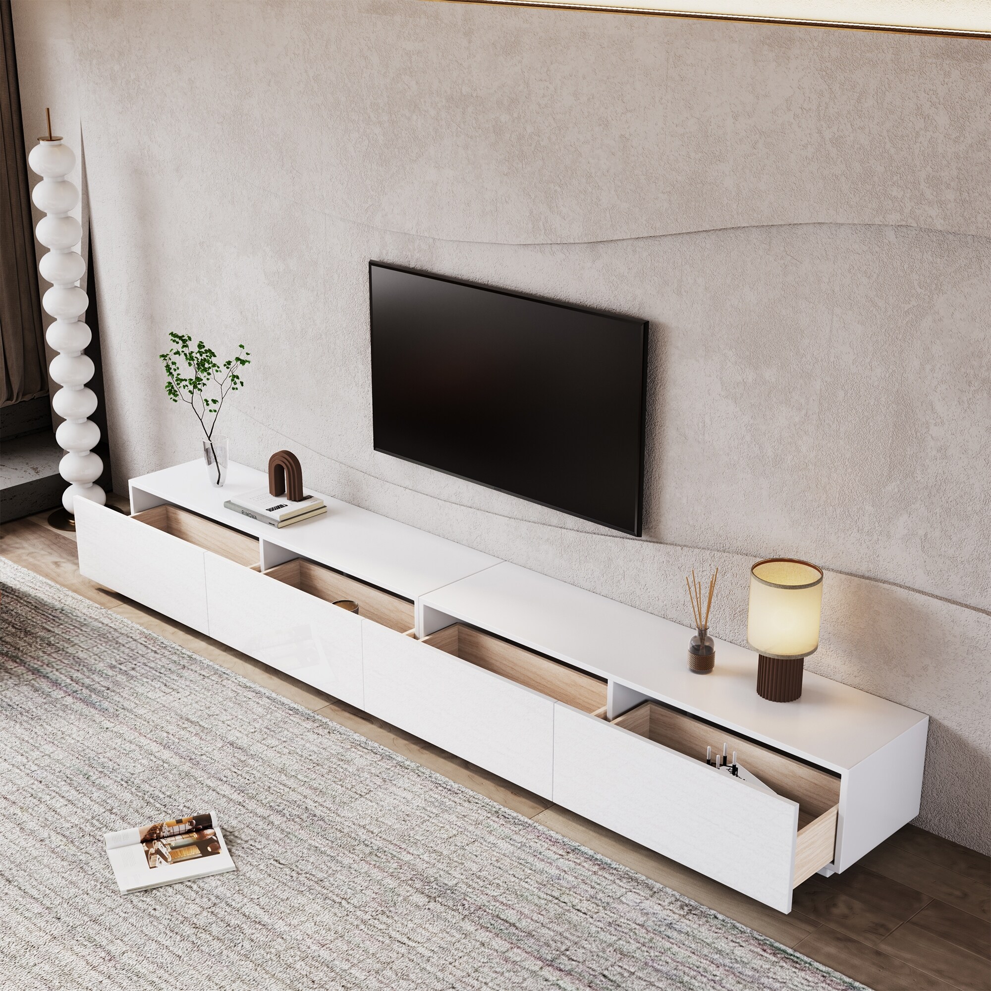 Minimalist Wood TV Stand with 4 Drawers, Modern Long Media Console for up to 100 Inch, Fully Assembled