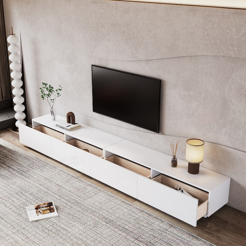 Minimalist Wood TV Stand with 4 Drawers, Modern Long Media Console for up to 100 Inch, Fully Assembled