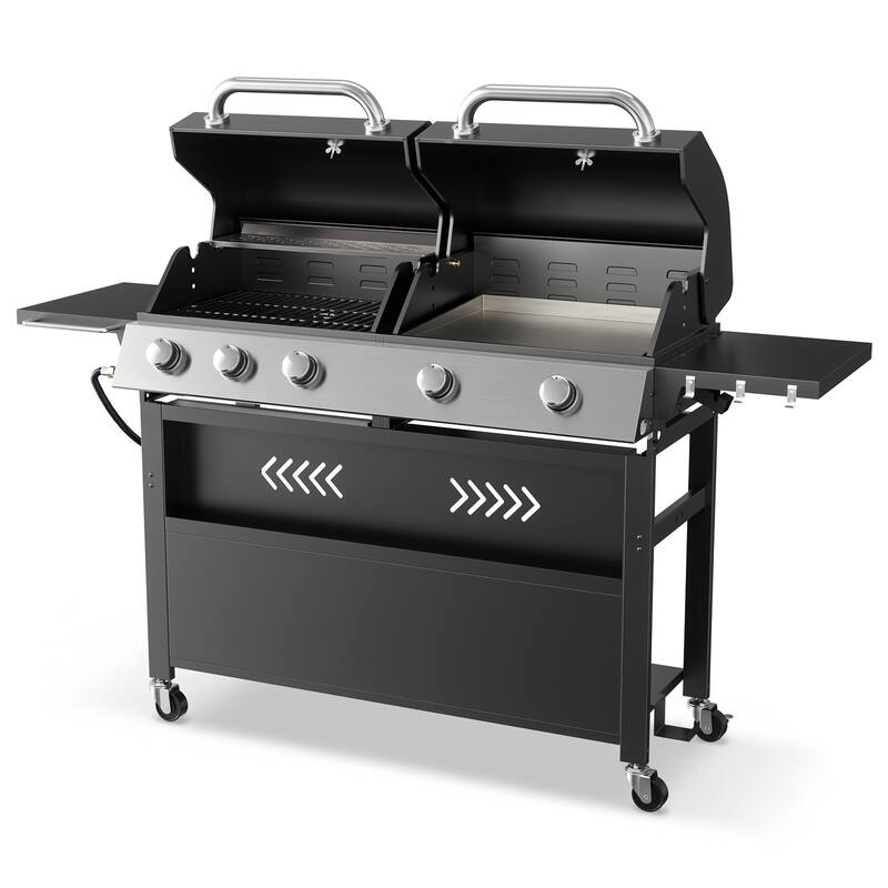 64-Inch 5-Burner Outdoor Gas Grill with Left BBQ & Right Teppanyaki Griddle for Patio, Garden, Backyard