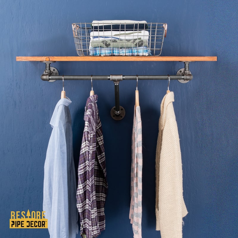 PIPE DECOR 36" Wall Mounted Clothing Rack with Wood Shelf and Industrial Steel Pipe
