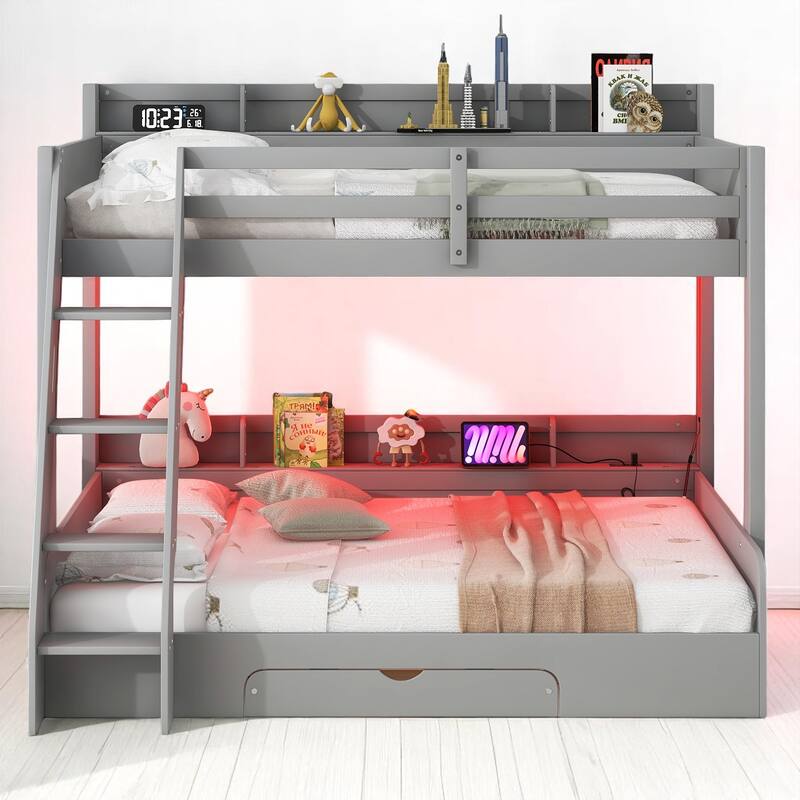 Modern Twin Over Full Bunk Bed with Storage, LED Lighting, USB & Plug Outlets, Drawer, and Guardrails