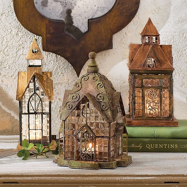 Set of 3 Glass and Metal Candle Lanterns - Classic European Architectural Houses