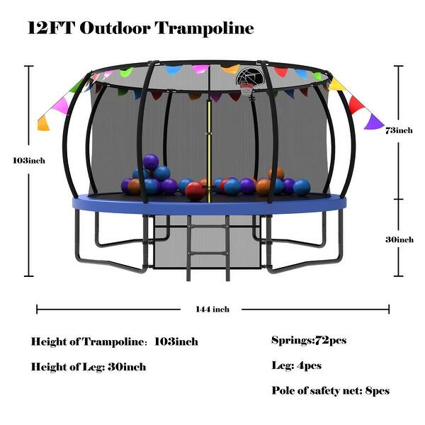 12FT Recreational Kids Trampoline with Safety Enclosure Net, Ladder and Flag Parts