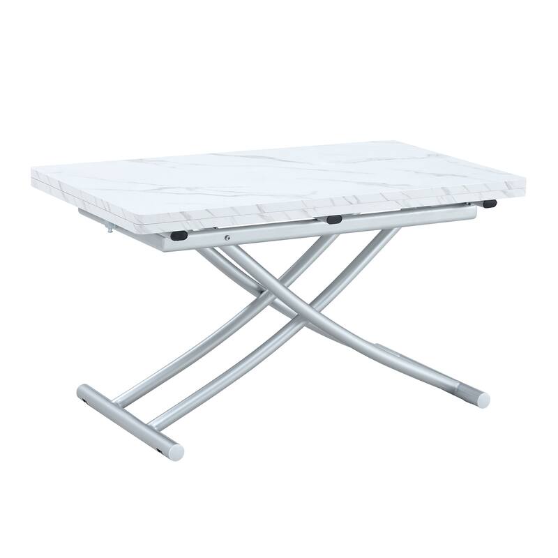 Roomfitters Lift Top Table with 0.8" MDF Surface and Silver Metal Legs, Modern Desk for Dining or Work Use, White+Silver