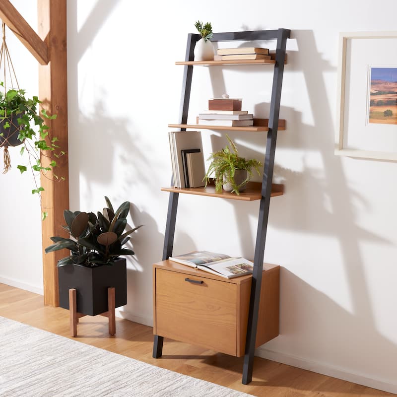 SAFAVIEH Ilianka Natural/Charcoal 3-Shelf 1 Door Etagere - 25" W x 15.4" L x 72" H - 25Wx15Dx72H