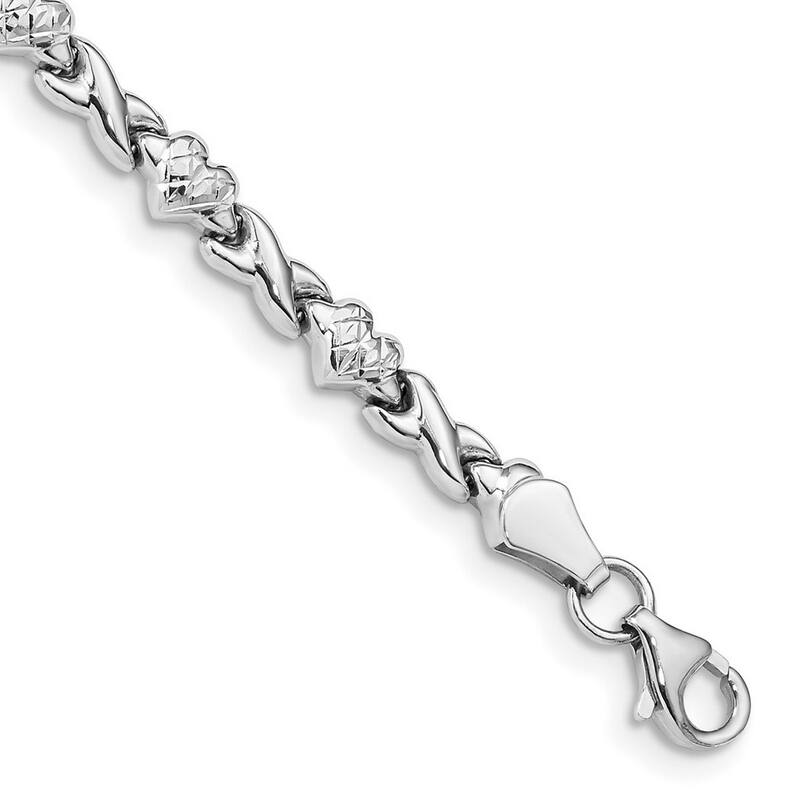 Curata 10k White Gold 7" Polished Heart and X Stampato Bracelet