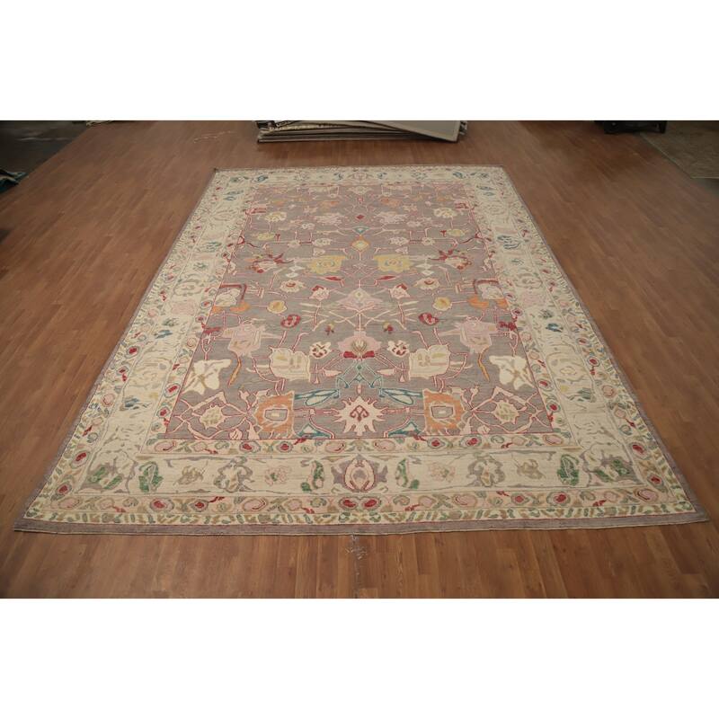 Hand Knotted Oriental 100% Wool Carpet Transitional All-Over Greys & Charcoal Oushak Area Rug - 13' 9'' X 10' 1''