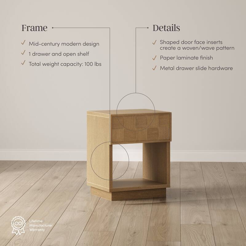 Paige Mid Century Modern Nightstand with 1 Drawer, Rustic Bedside Table with Sculpted Drawer Front and Open Bottom Shelf