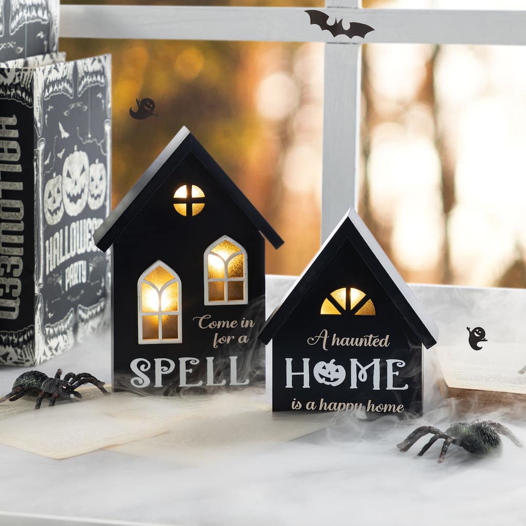 Glitzhome 8"H Set of 2 Lighted Halloween Wooden Hauted House Table Decor