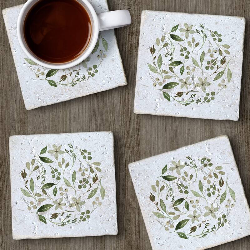 Floral Tumble 4 Pack Natural Shell Stone Absorbent Coasters with Protective Cork Backing Manufactured in The USA