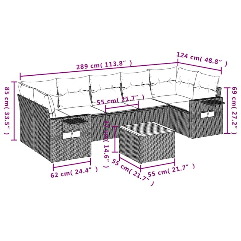 vidaXL Garden Sofa Set 8 Piece with Cushions Outdoor Sofa Set Poly Rattan - 21.7 x 21.7 x 14.6 in (W x L x H)