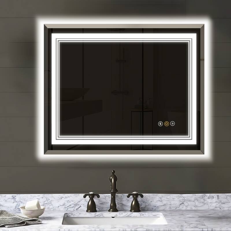 36 in. W x 30 in. H Anti-fog LED Wall Bathroom Vanity Mirror with Backlit and Front Lighting - Silver