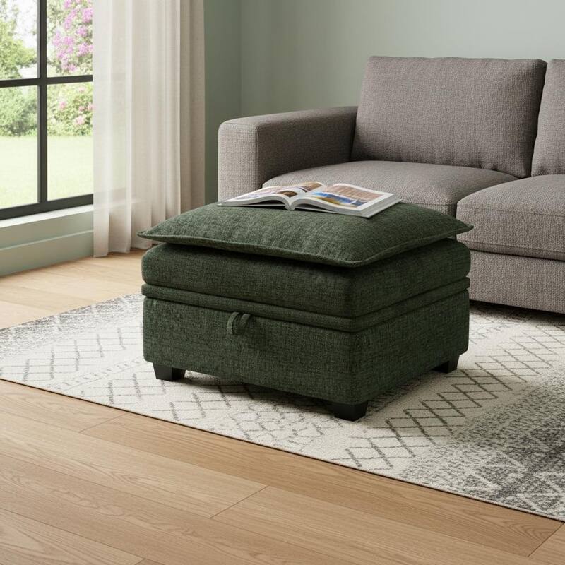 HomeRoots 30" Gray and Black Chenille Storage Ottoman - Green