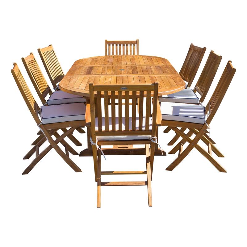 Seven Seas Teak 9 Piece Teak Wood Santa Monica Patio Dining Set with Oval Extension Table, 8 Folding Arm & Side Chairs