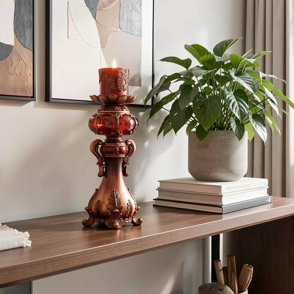20" Bronze Brown And Red Floral Polyresin Tabletop Pillar Candle Holder With Candle