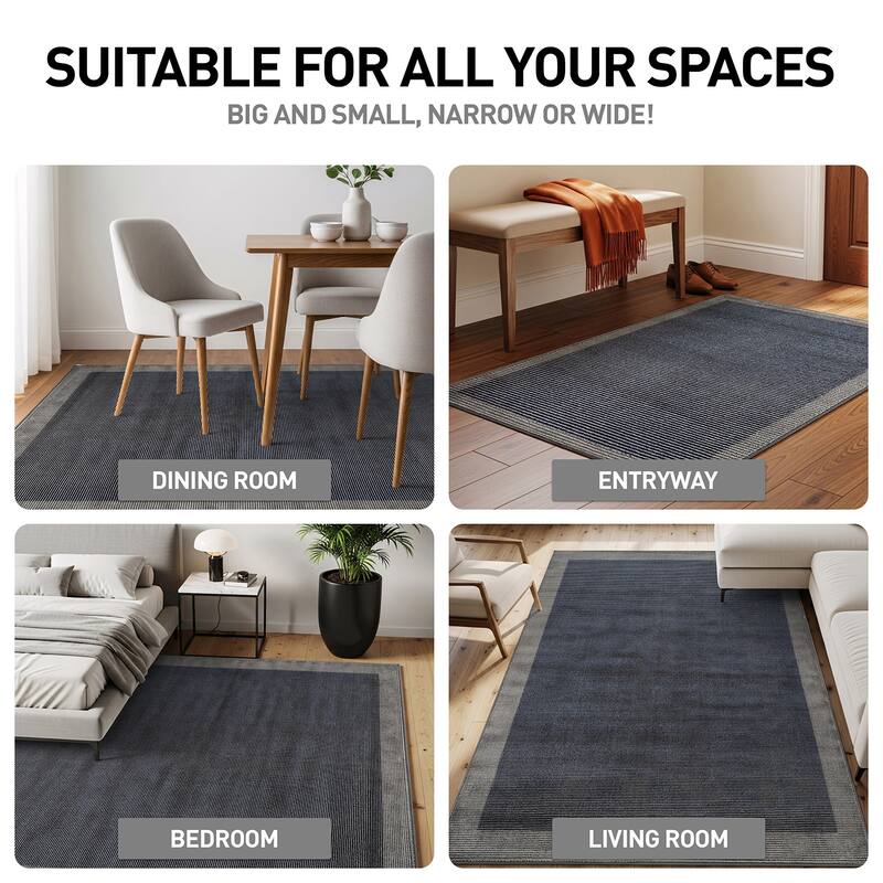 Modern Geometric Stripe Bordered Area Rug for Living Room, Bedroom, or Entryway - Low Pile Indoor Rug