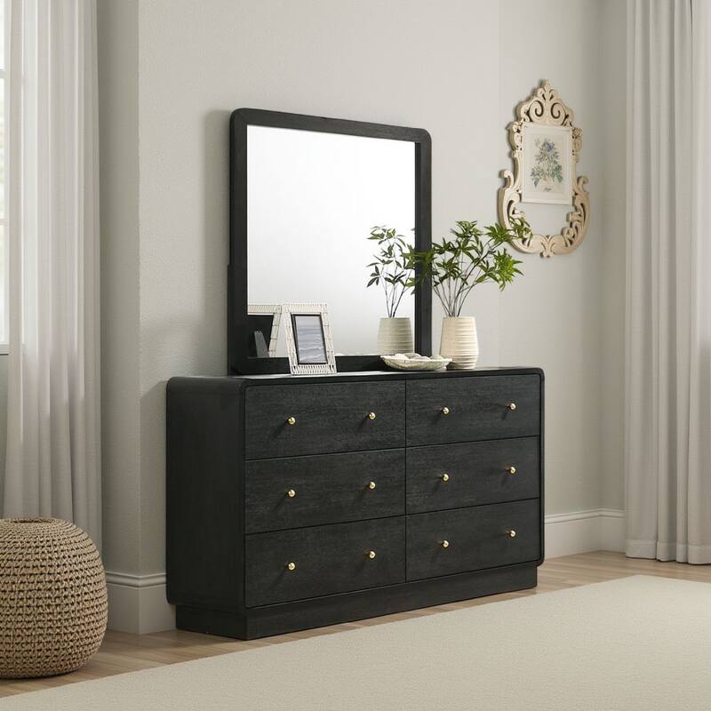 Cavy Dresser Mirror, Rounded Corners and Flat Glass, Black Melamine