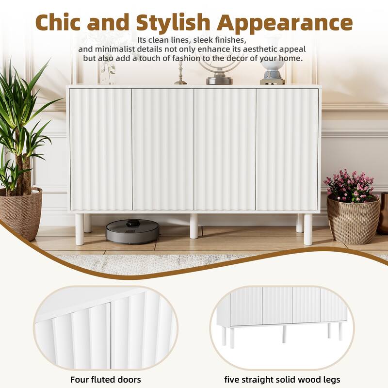 Cream Style Sideboard Buffet Cabinet with Fluted Doors, Large 4-Door Storage Cabinet with Adjustable Shelves