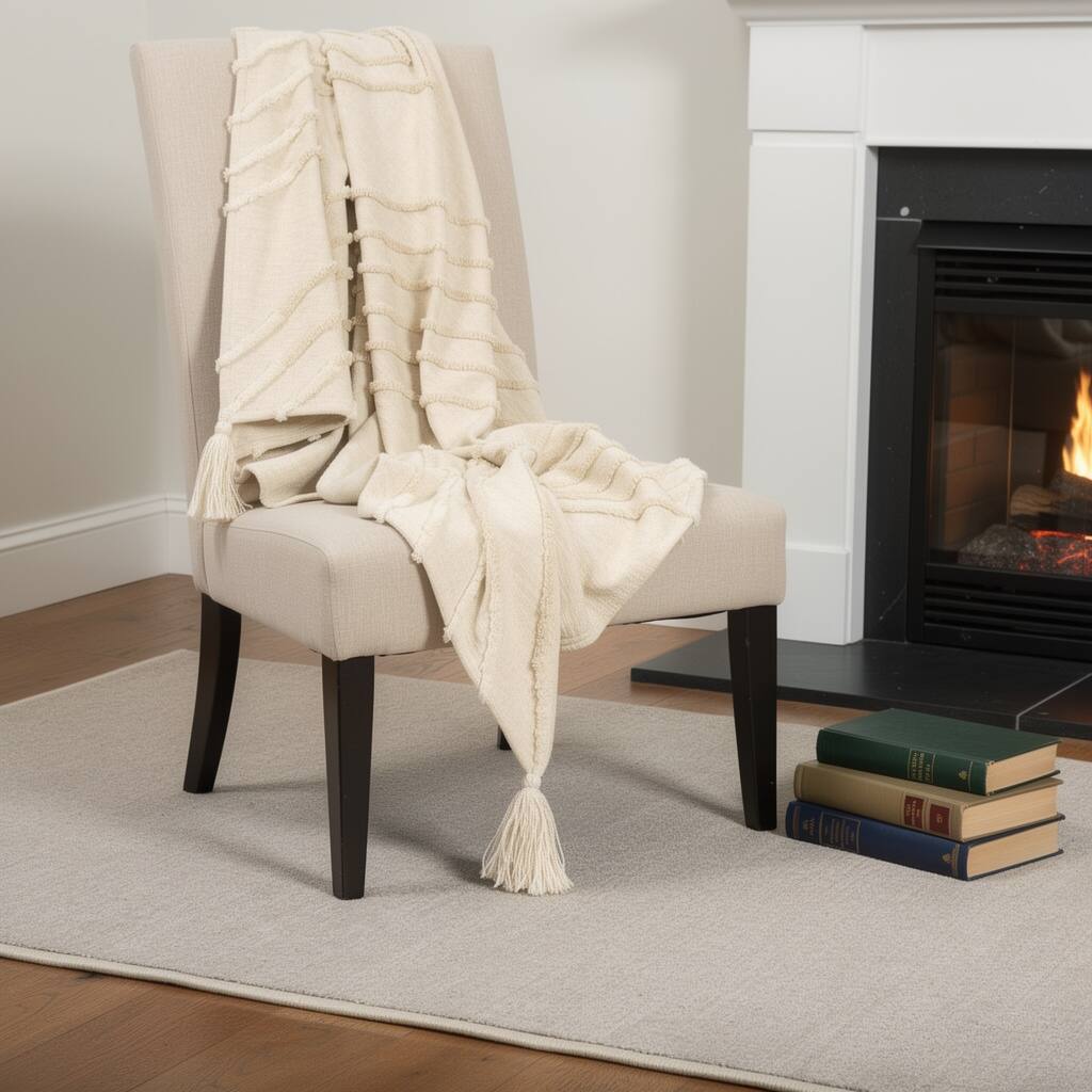 HomeRoots 50" X 60" Natural Cotton Woven Geometric Throw Blanket with Tassels