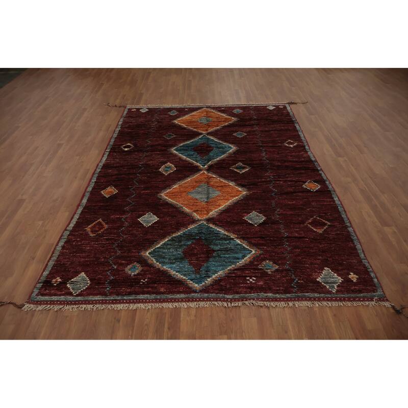 Hand Knotted Oriental 100% Wool Carpet Modern Tribal Red Moroccan Area Rug - 10' 0'' X 6' 9''