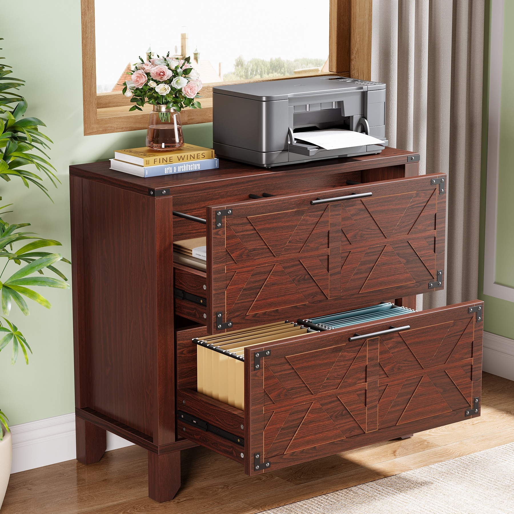 File Cabinet with 2 Storage Drawers for Letter/A4 Size for Home Office Retro Red