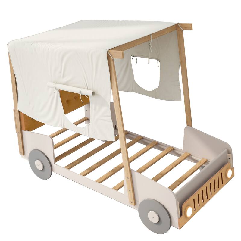 Roomfitters Size Car Canopy Bed, Wood Frame Platform with Upholstered Headboard, Tent Roof Design