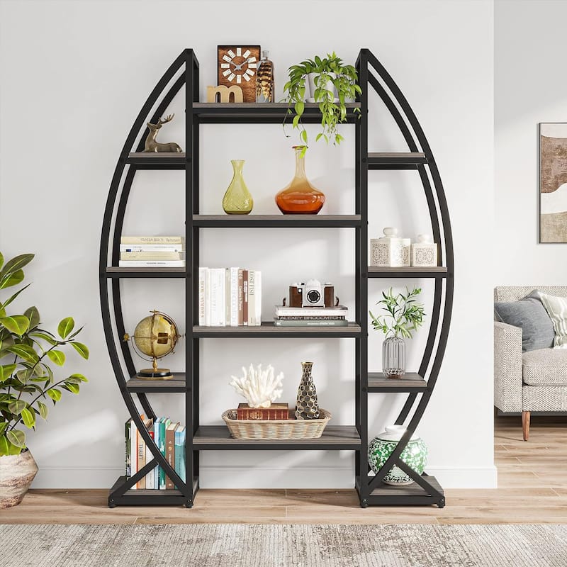 Industrial Bookshelf, Oval Triple Wide 5 Tiers Etagere Bookcase - 11.81"D x 55.11"W x 69.68"H