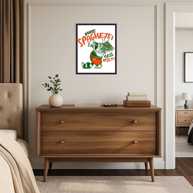 More Spaghetti Less Upsetti Raccoon with Pasta by The Whiskey Ginger Framed Canvas Wall Art Print