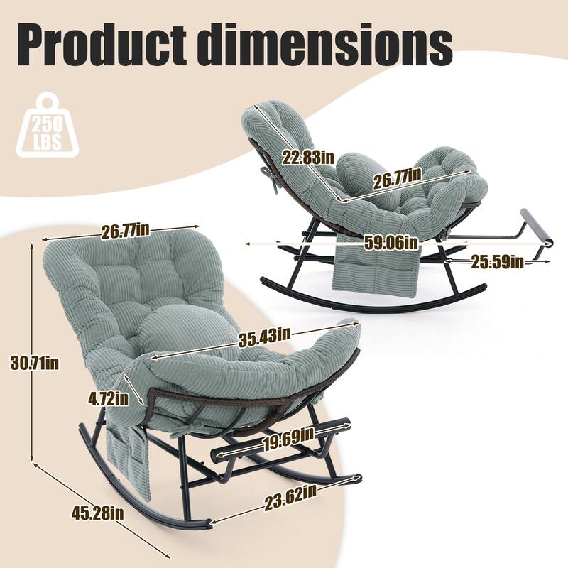 HOMEFUN Corduroy Upholstered Egg Shaped Design Steel Frame Rocking Chair with Side Pocket and Foot Pedal