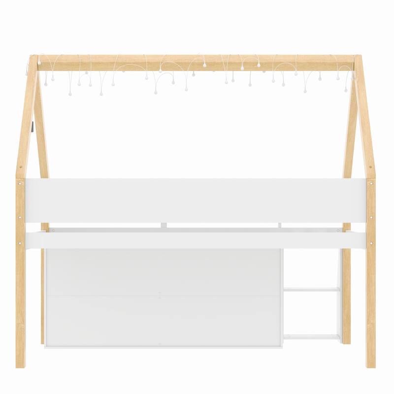 Fairytale House-shaped Low Loft Bed with Step Staircase, Shelving, Cabinets and LED Lights for Children's Room, Kids House Bed