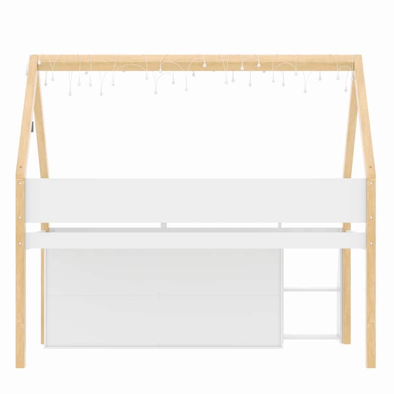 Low Profile Loft Bed with Step Staircase & Storage Cabinets, LED Lights & Shelving, Available in Full or Twin