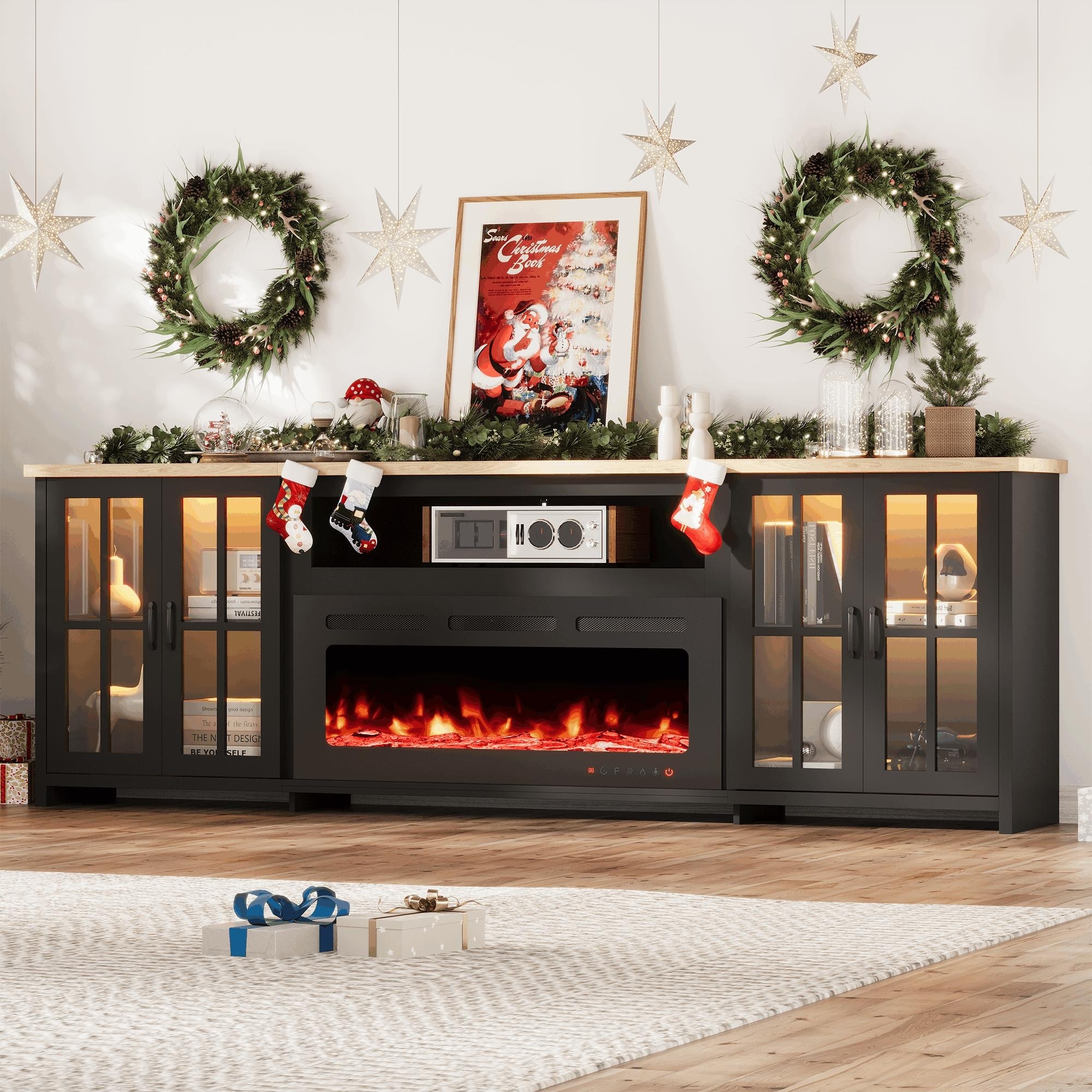 EROMMY 78"/ 97" Fireplace TV Stand with Electric Fireplace, Farmhouse Media Console with LED Lights, Glass Doors