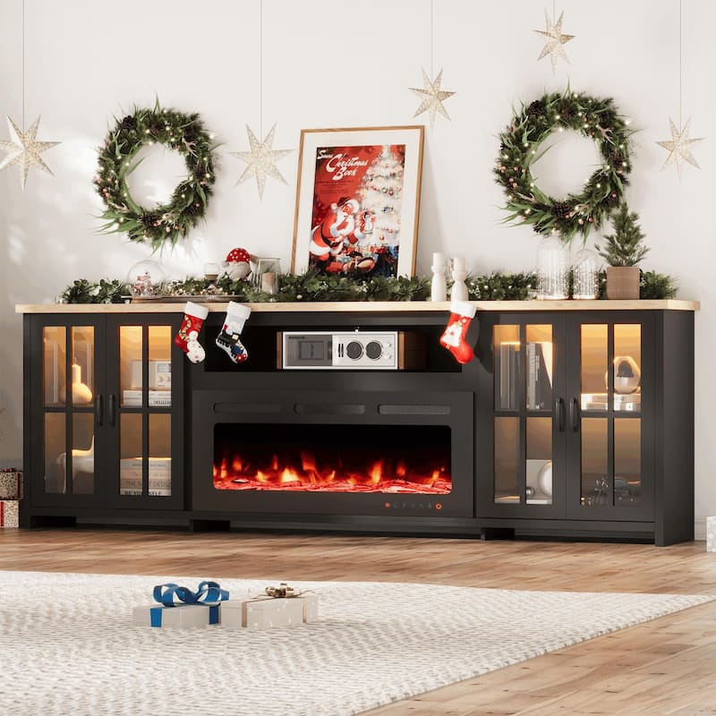 EROMMY 78"/ 97" Fireplace TV Stand with Electric Fireplace, Farmhouse Media Console with LED Lights, Glass Doors - 97" Stand+42" FP - Black