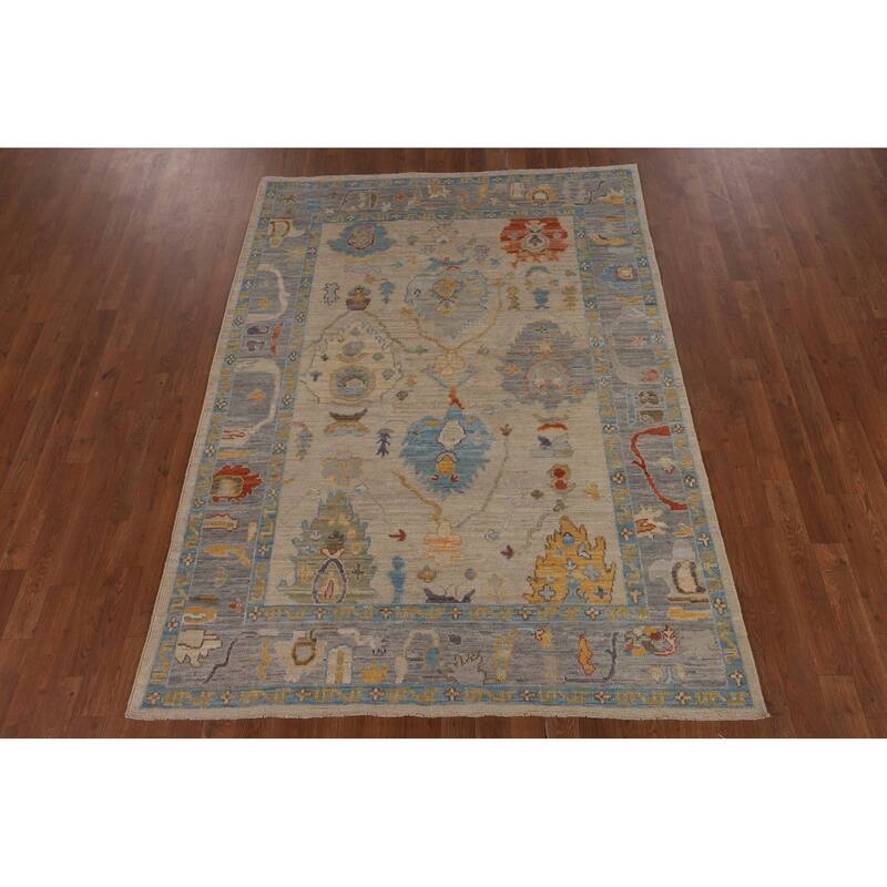 Vegetable Dye Oushak Area Rug Handmade Beige Wool Carpet - 5'0"x 6'10"