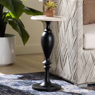Perlita End Table with Marble Stone Top - Sculpted Pedestal Accent Side Table for Living Room or Entryway