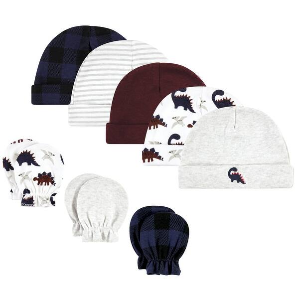 slide 1 of 1, Hudson Baby Infant Boy Cotton Cap and Scratch Mitten Set, Burgundy Dino, 0-6 Months - Burgundy Dino 0-6 Months - Burgundy Dino