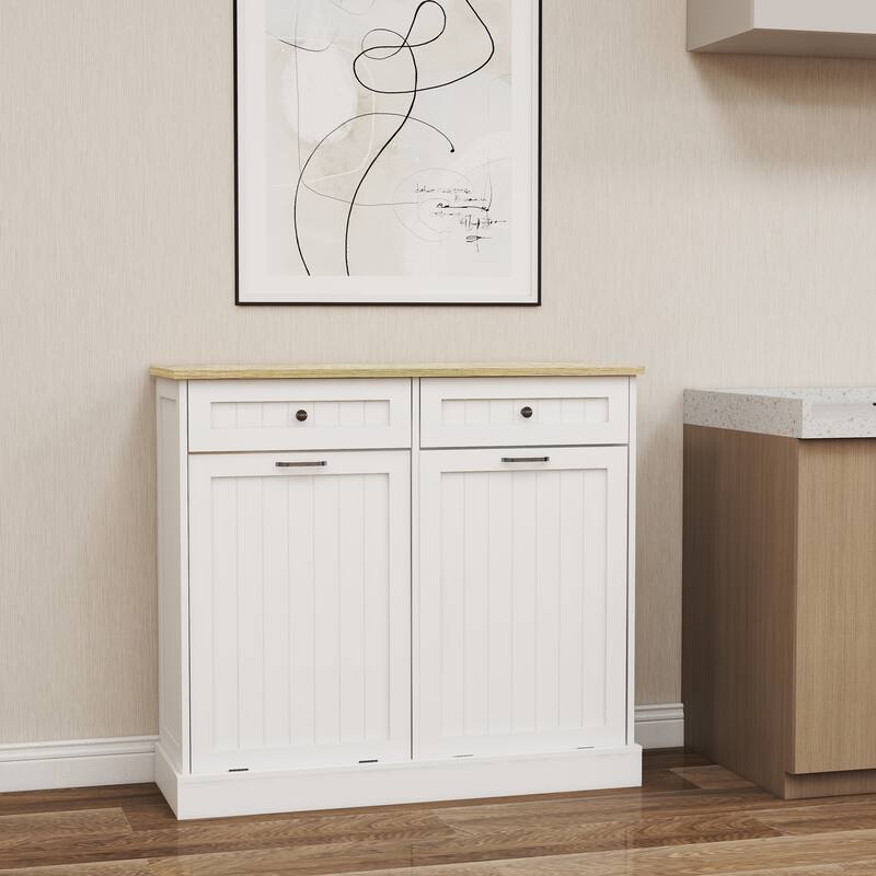 Anmytek White Farmhouse Kitchen Trash Cabinet with 2 Drawers and Tilt-Out 2-Compartment Storage